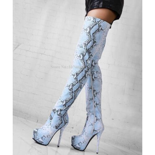 Blue Snakeskin Printed Platform Thigh High Boots Ladies New Arrival Over the Knee Leather Boots Woman Large Size Long Boots