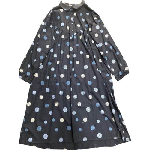 Johnature 2021 New Women Wave Point Dress Autumn Japanese Turn-down Collar Loose Pockets Female Dresses