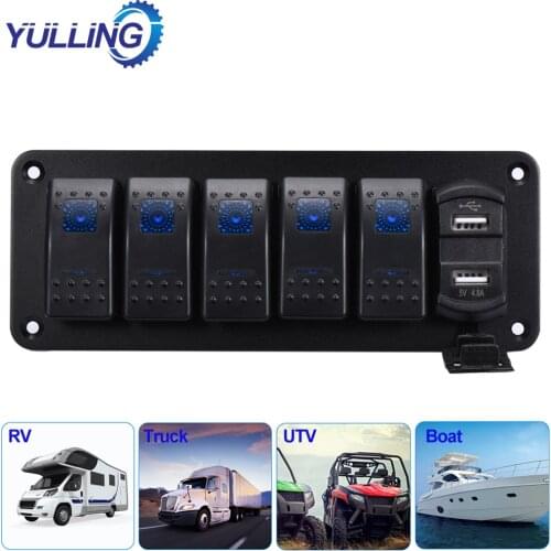 2V 24V 5Gang LED Rocker Switch Panel Light Toggle Breaker Socket USB Charger Accerssories for Marine Boat Caravan Truck Trailer