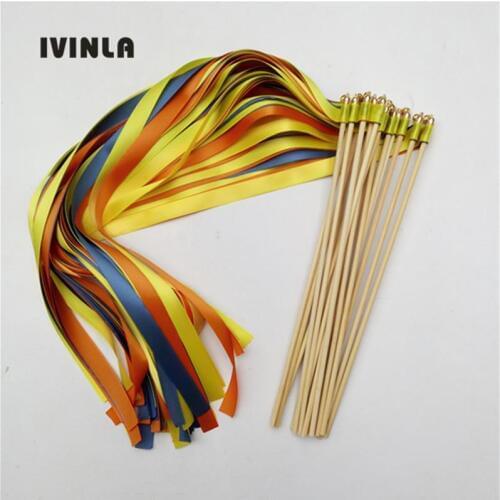 50Pieces/Lot yellow and orange 3 Ribbons Wedding Wands Birthday Party christamas ribbon stick with bell