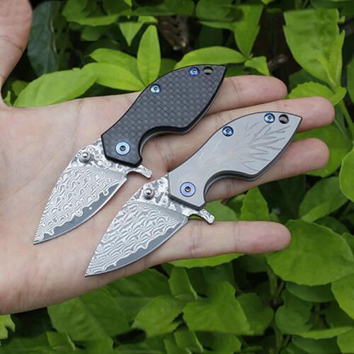 Free shipping high-end Natural blood ebony Damascus steel Carbon Fiber + Titanium Handle outdoor folding mini keys knife