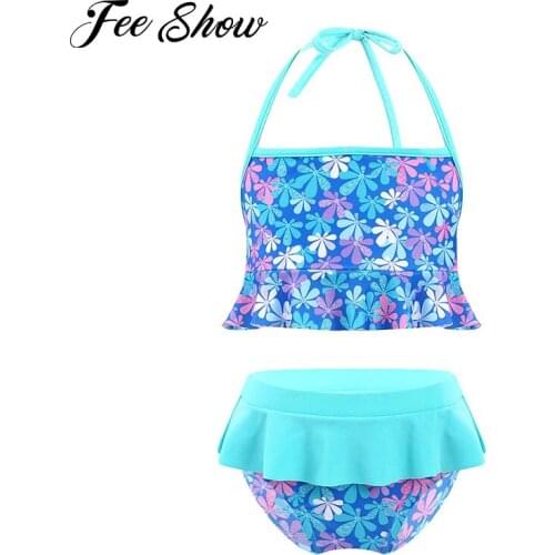 Kids Girls Two Pieces Floral Print Swimwear Bathing Suit Halter Lace-up Ruffle Trim Crop Tops and Briefs Set Beach Swimsuit