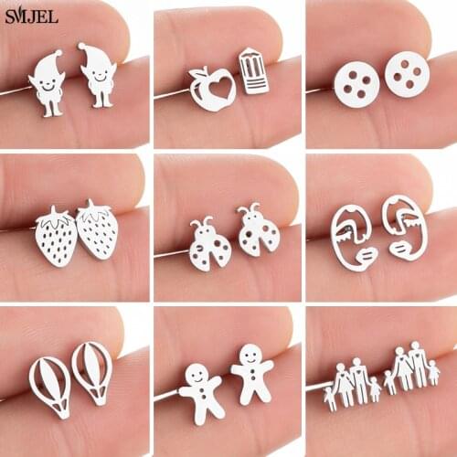 Stainless Steel Stud Earrings for Women Girls Punk Ladybug Apple Strawberry Buttons Earings Family Fashion Jewelry Pendientes