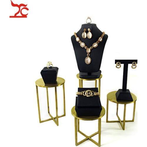 Quality Stainless Steel Jewelry Window Counter Showcase Black PU Necklace Ring Earing Stud Diamond Display Stand 52*38*23cm