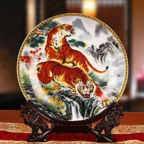 CERAMICS PINK TIGER DISK HANGING DISK CHINESE CLASSICAL HOME DECORATION RESTAURANT LIVING ROOM DECORATION PLATE WEDDING GIFT