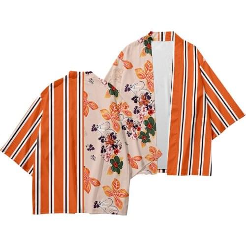 Striped Flower Splicing Print Kimono Cardigan Men Japanese Traditional Casual Loose Thin Set Coat Pants Asian Clothes Harajuku
