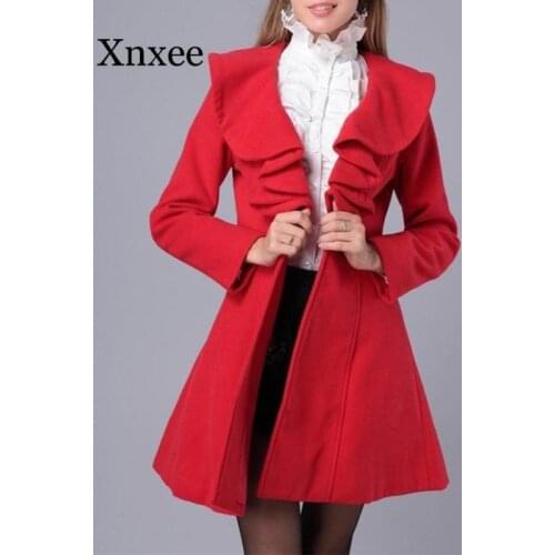 Red elegant single button Women Woolen Solid Color Coat Ladies Elegant Slim Long-Sleeves Lapel Buttons Ruffle Jacket