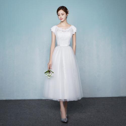 Lace Tulle White Bridesmaid Dresses A Line Formal Short Sleeves Simple Wedding Guest Party Dress Tea Length Lace Up Back JQ630
