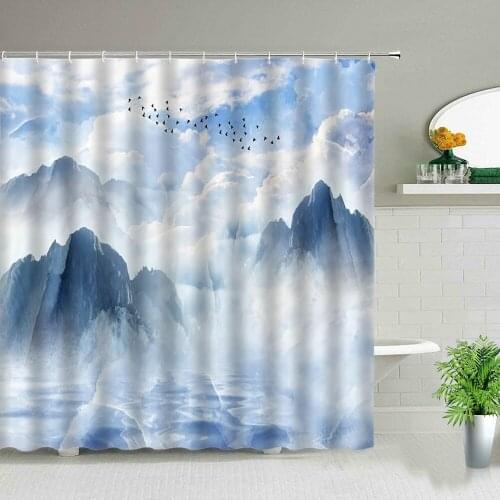 Landscape Shower Curtains Ink Painting Scenery Flower Bird Deer Waterproof Bathroom Art Decor Cloth Bath Curtain Set With Hooks