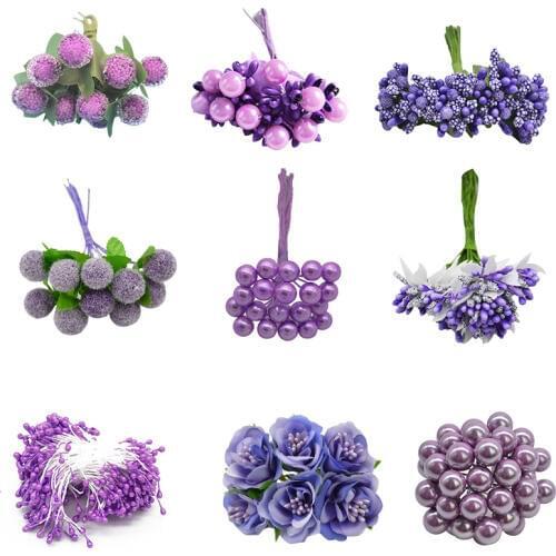 Mini Mixed Purple Artificial Plant Flower Cherry Stamen Berries Bouquet Christmas Wedding Cake Gift Box DIY Wreath Deco Supplies
