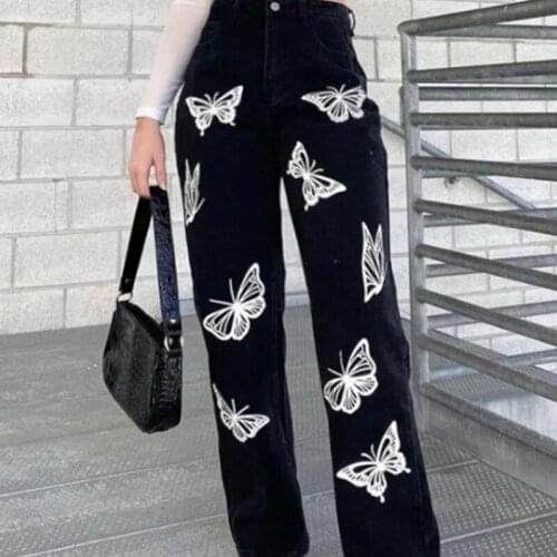 Fashion Womens Butterfly Printed Jeans High Waist Slim Denim Pants For Ladies Trousers Casual Loose Pocket Straight Long Pants