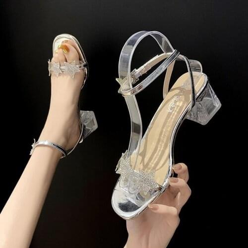 2021 New Summer Women Thick-heeled Open-toed Sandals Woman Rhinestone Five-pointed Star High-heeled Sandalsl Womens Shoes