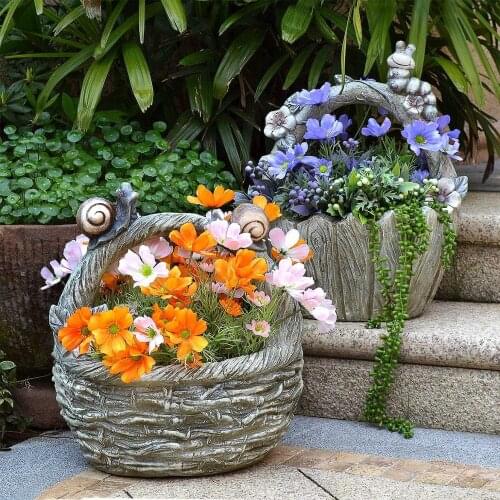 Outdoor Garden Cement Snail Flower Basket Statue Ornaments Courtyard Balcony Kindergarten Flower Pot Figurines Decoration Crafts