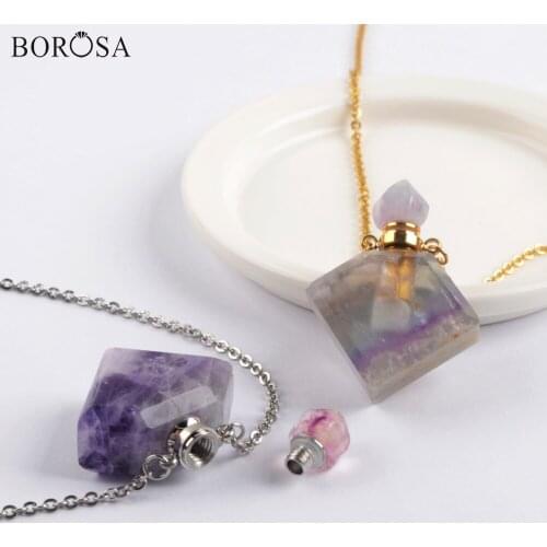Gold Silver Color Fluorite Perfume Bottle Pendant Necklace for Women Natural Gems Stones Essential Oil Diffuser Necklace WX1620