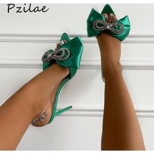 Pzilae New Elegant Women Sandals Fashion Crystal Bowtie High Heels Summer Bride Shoes Sexy Peep Toe Party Wedding Pumps Size 42