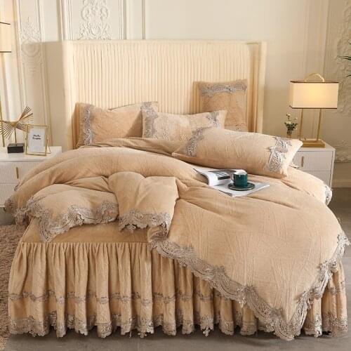 Luxury Champagne Lace Embroidery Milk Carved Velvet Bedding Set Short Plush Warm Double Duvet Cover Set Bed Skirt Pillowcases