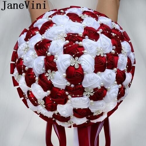 JaneVini 30CM Big Wedding Bouquets Dark Red Wedding Flowers Bridal Bouquets Luxurious Crystal Pearls Rhinestone Beads Bride Rose