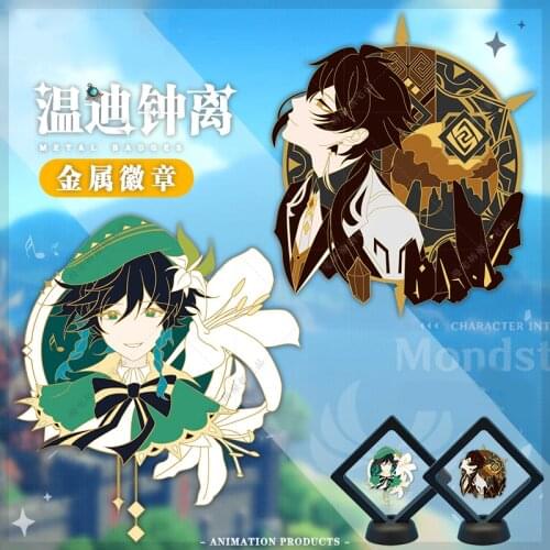 Creative Genshin Impact Venti Zhongli Metal Badge Anime Button Brooch Pins Collection Medal Costume Souvenir Cosplay Xmas Gifts