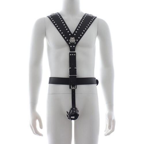 Studded PU Leather Men Body Bondage Harness Ribbon with Round Studs and Cock Ring Restraint Fetish Adult Sex Products