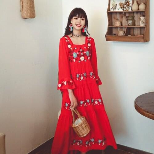 Mori Girl Vintage Retro Gypsy Bohemian Ethnic Embroidered Floral Flare Sleeve Lace Up Cotton Linen Holiday Sping Dress Women