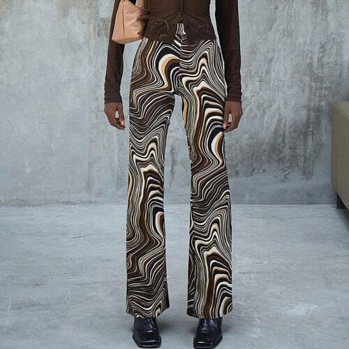 YiYiMiYu 2021 Vintage 70s Ripple Print High Waist Trousers Women Y2K Streetwear Straight Brown Baggy Pants Indie Outfits 90s