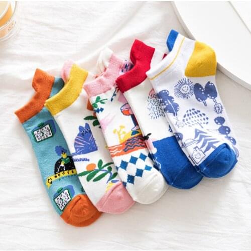 Funny Ankle Short Cotton Socks Cartoon June Summer Solstice Cat Meow Tree Forest Protect Heel Flower Wine Glass Rhombic Goblet