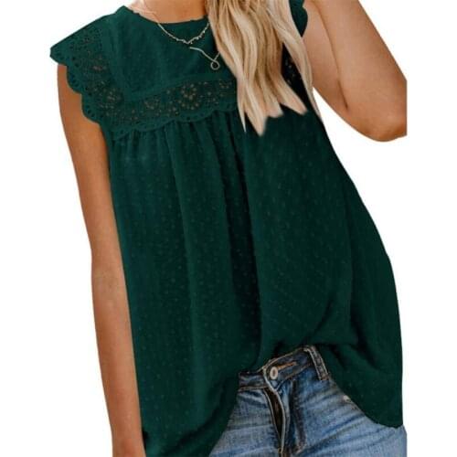 Women Summer Sleeveless Chiffon Tank Top O-Neck Hollow Out Crochet Lace Loose Vest Solid Color Swiss Dots Flowy Tunic Shirts