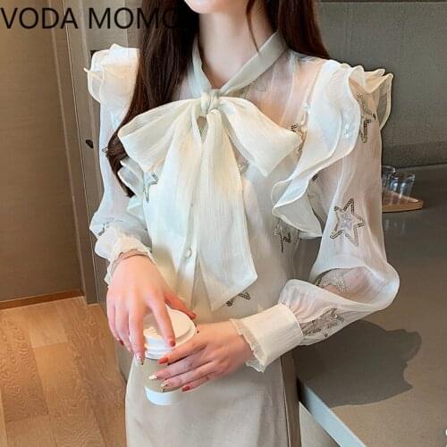 Ruffleess flying sleeve womens shirt blouse for women blusas bow womens tops and blouses chiffon shirts ladies top plus size