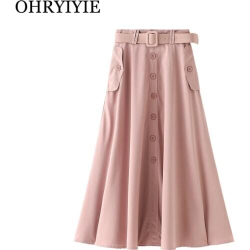 OHRYIYIE Pink Khaki Vintage High Waist Skirts Women 2020 New Spring Summer Fashion A-Line Skirt With Sashes Female School Skirts