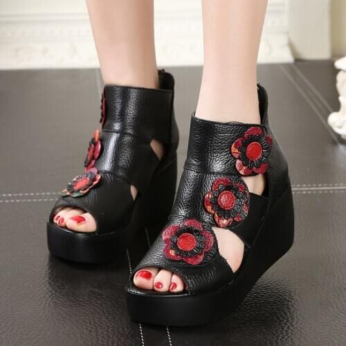 2020 Women Fish Mouth Non-slip Platform Slope High Heels Sandals Genuine Leather Sandals Roman shoes Female