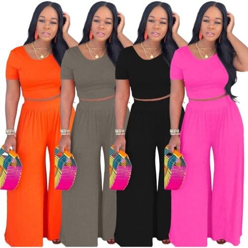 RStylish 2021 Fashion Solid Women Summer Short Sleeve Crop Tops Loose Long Wide Leg Pants Two Piece Set