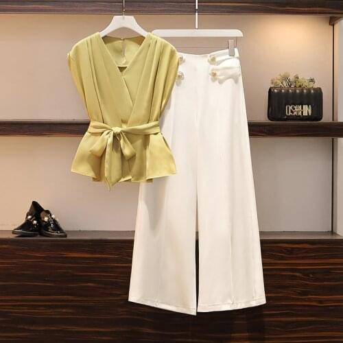 Large size ladies office set summer new V neck shirt top high waist wide-leg pants loose casual trousers suit professional wear