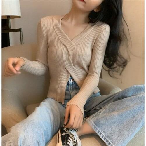 Womens Knitted Khaki Pullover V Neck Design Solid Color Long Sleeves Slim Tops Wholesale Autumn Winter Fashion Female Clothing