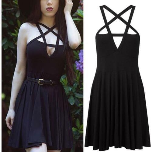 Womens Gothic Vintage Romantic Mini Black Dress Hollow Out Halter Bandage Pentagram Star Casual Sleeveless Slim Party Clubwear