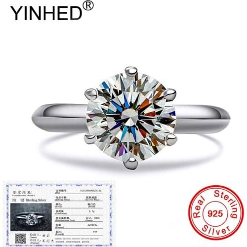 Send Certificate! YINHED Genuine 925 Sterling Silver Ring Stamped S925 Fine Jewelry 2CT Round CZ Diamond Soliraire Ring ZR221