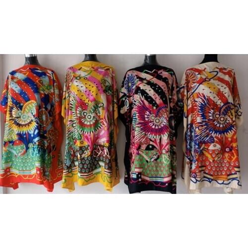 Colorful Printed Bohemian Silk Kaftan Midi Dresses 2021 Thailand Summer Holiday Beach Womens Sexy Caftan Party Dress