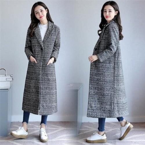 2021 Spring Autumn Womens Wool Plaid Coat Classics Female Loose Long Single Breasted Coats Slim Female Winter Polyester Jackets