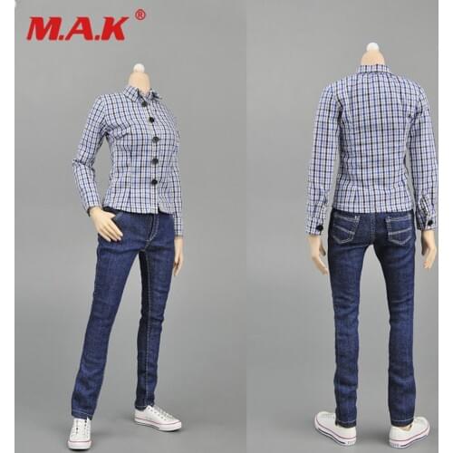 1/6 Female Clothes Set ZY5012 Womens Blue Plaid Denim Suit Female Shirt Jeans Clothing Sets