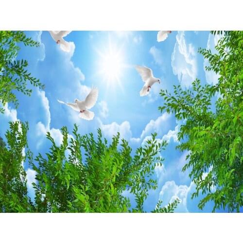 1835 Pigeons Flying in the Blue Sky with trees Printing PVC Stretched Ceiling Film For Home decoration