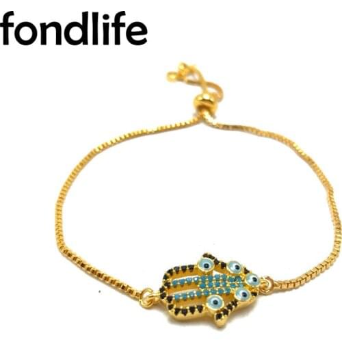 AAA Blue Cubic Zirconia Crystal Hamsa Hand Evil Eye Lucky Charm Bracelet Women Brass Chain Trendy Adjustable Pretty Jewelry Gift