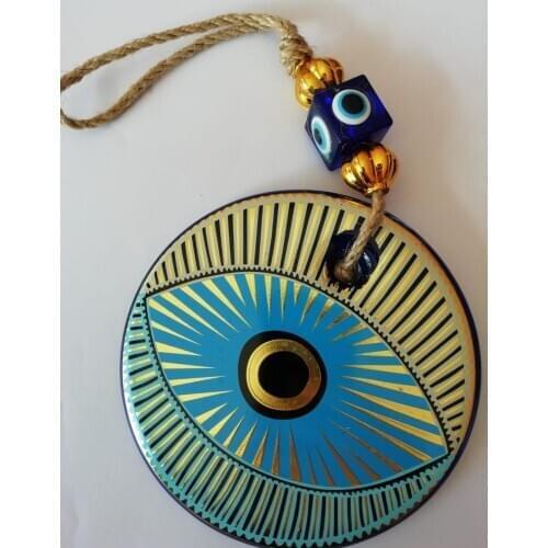 Big Size-14 cm Diameter- Golden Gilted and Colored Patterned Glass Blue Evil Eye Wall Hanging Ornament – Turkish Nazar Bead - Ho