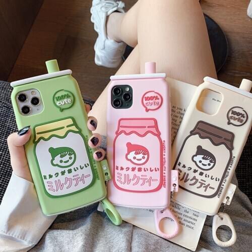 INS Cute Cartoon Milk Bottle Phone Case For iPhone 11 Pro X XR XS Max 6 6s 7 8 Plus SE 2020 Soft Kawaii 3D Silicone Cover