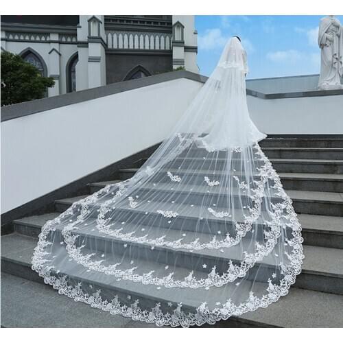New Hot 3/5 Meters Lace Tulle Long Wedding Veils Two Layer Ivory Bridal Veil With Comb Wedding Accessories Velos De Novia 2021