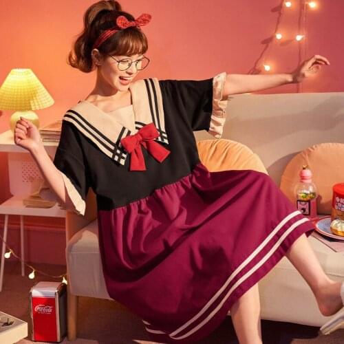 Kawaii Navy Collar Sweet Student Sleepwear Summer Short Sleeve Cotton Women Nightgown Loose Long Cute Red Bows Maiden Nightdress