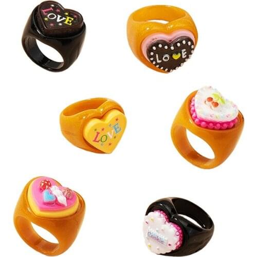 Ins Acrylic Resin Acetic Acid Love Letters Cake Black Heart Irregular Finger Rings Trendy Korean Fashion Women Party Jewelry