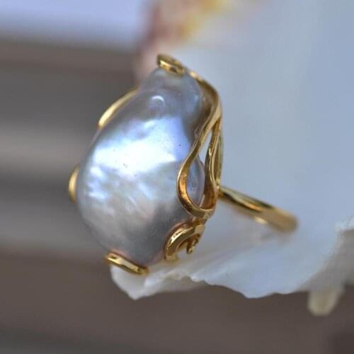 Z11451 Handmade 26mm Gray Baroque Reborn KESHI Pearl Ring