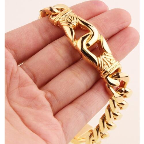 15mm Wide 8.46inch Mens Bracelet Chain Stainless Steel Gold Tone Curb Cuban Chains Bracelets For Mens Fashion Wholesale Jewelry