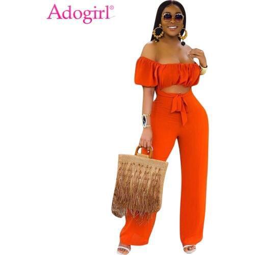 Adogirl Solid Orange Women Jumpsuit Slash Neck Lantern Sleeve Off Shoulder Romper Hollow Out Backless Overalls Wide Leg Pants