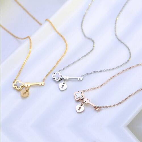 Somsoar Jewelry Four Leaf Clover Key Lock Stainless Steel Shell Pendant Chain Necklace as Valentines day Gift 10pcs/lot