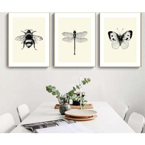 Bee Dragonfly Butterfly Print Wall Art Painting Canvas Black and White Pictures Print Nursery Kids Bedroom Wall Decoration